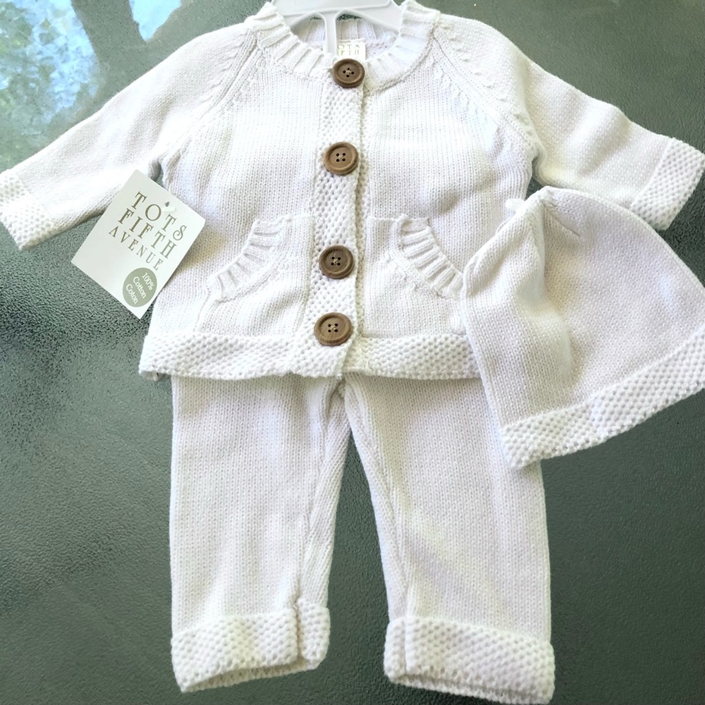 Tots Fifth Avenue Knit Cardigan Set / Infant / Hat Cardigan Pants / White / NWT
